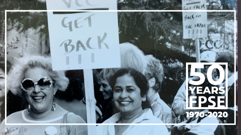 Women picketing with Federation of Post-Secondary Educators 50th Anniversary logo